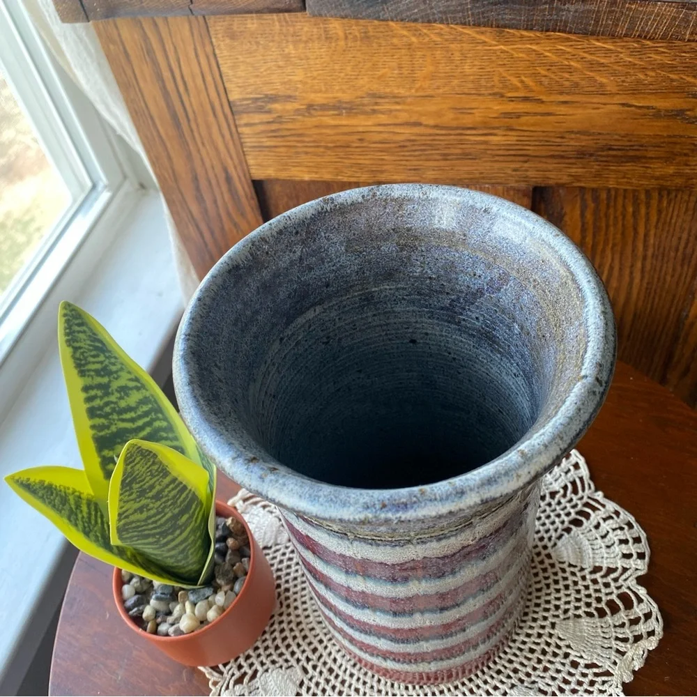 Studio Pottery Large Striped Ceramic Vase 5.5” x 9” inches Seagrove, NC 2016 EUC